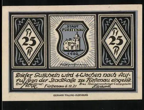 Notgeld Fürstenau 1921, 25 Pfennig, Stadtwappen und Rathausillustration, Text in Deutsch