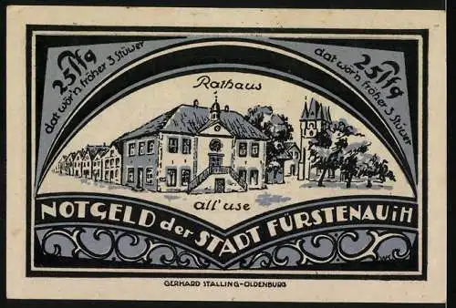 Notgeld Fürstenau 1921, 25 Pfennig, Stadtwappen und Rathausillustration, Text in Deutsch