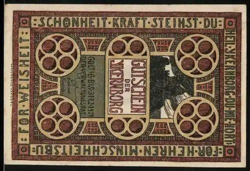 Notgeld Ykernborg 1921, 1 Mark, Kunstvolle Gestaltung mit Architekturmotiv und lateinischem Spruch