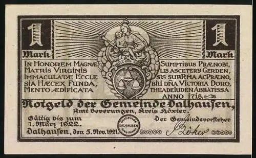 Notgeld Dalhausen 1921, 1 Mark, Abbildung der Gottesmutter Maria und lateinische Inschrift