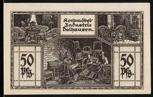 Notgeld Dalhausen, 1921, 50 Pfennig, Korbmöbel-Industrie und religiöse Inschrift, gültig bis 1. Mai 1922