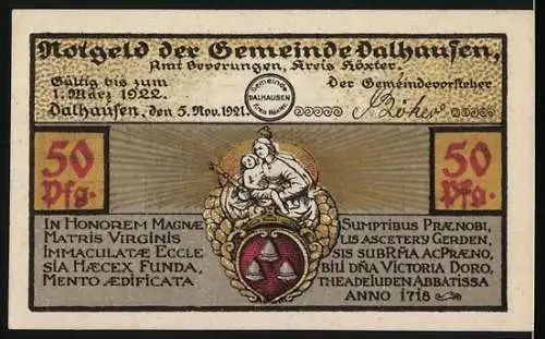 Notgeld Dalhausen, 1921, 50 Pfennig, Korbmöbel-Industrie und religiöse Inschrift, gültig bis 1. Mai 1922