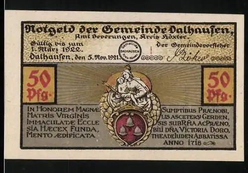 Notgeld Dalhausen, 1921, 50 Pfennig, Motiv mit Madonna und Korbmöbelindustrie-Darstellung