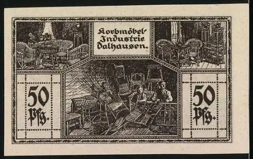 Notgeld Dalhausen, 1921, 50 Pfennig, Motiv mit Madonna und Korbmöbelindustrie-Darstellung