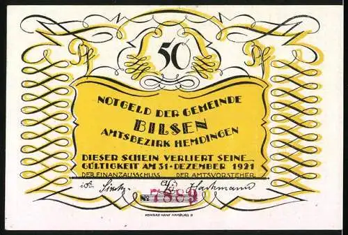 Notgeld Bilsen 1921, 50 Pfennig, Liebespaar mit Gedicht und Ornamenten