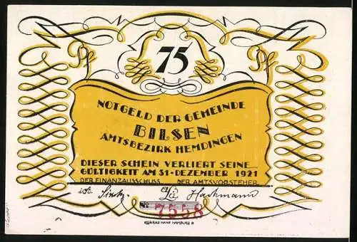 Notgeld Bilsen 1921, 75 Pfennig, Gemeinde Bilsen Amtsbezirk Hemdingen, Landschaft und Inschrift