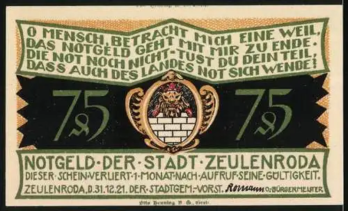 Notgeld Zeulenroda, 1921, 75 Pfennig, Soldatenmotiv und Stadtwappen, Gültigkeit 1 Monat nach Aufruf