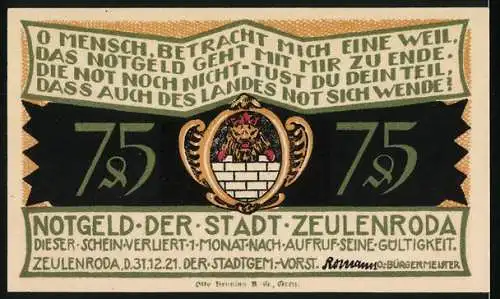 Notgeld Zeulenroda, 1921, 75 Pfennig, Historische Szene und Stadtwappen mit Löwe