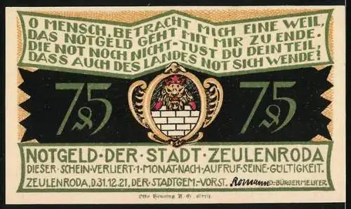 Notgeld Zeulenroda 1921, 75 Pfennig, Zünfte und Gilden im Kampf, Löwenwappen und Text