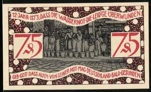 Notgeld Zeulenroda, 1921, 75 Pfennig, Szenen mit Wassernot und Stadtwappen, Gültigkeit 1 Monat nach Aufruf