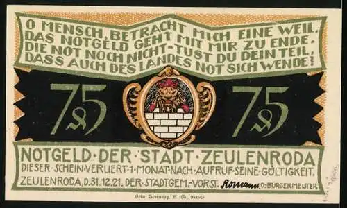 Notgeld Zeulenroda, 1921, 75 Pfennig, Szenen mit Wassernot und Stadtwappen, Gültigkeit 1 Monat nach Aufruf