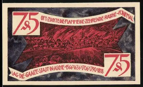 Notgeld Zeulenroda, 1921, 75 Pfennig, Stadt in Brand mit Wappen und Spruch