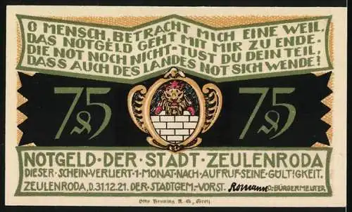 Notgeld Zeulenroda, 1921, 75 Pfennig, Stadt in Brand mit Wappen und Spruch