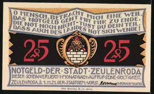 Notgeld Zeulenroda, 1921, 25 Pfennig, Stadtszene und Stadtwappen, Gültigkeitsvermerk 1 Monat nach Aufrufsende