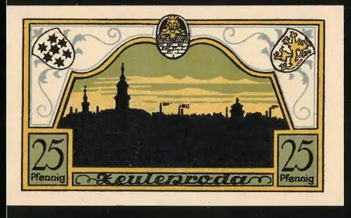 Notgeld Zeulenroda, 1921, 25 Pfennig, mit Stadtansicht und Wappen