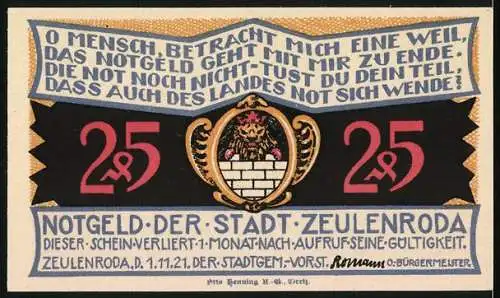 Notgeld Zeulenroda, 1921, 25 Pfennig, mit Stadtansicht und Wappen