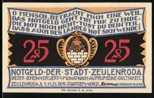 Notgeld Zeulenroda, 1921, 25 Pf, Stadtwappen mit Löwe und Stadtansicht mit Kirche