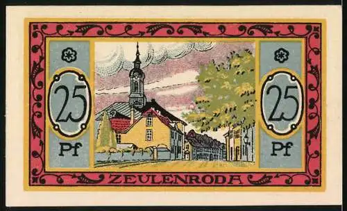 Notgeld Zeulenroda, 1921, 25 Pf, Stadtwappen mit Löwe und Stadtansicht mit Kirche