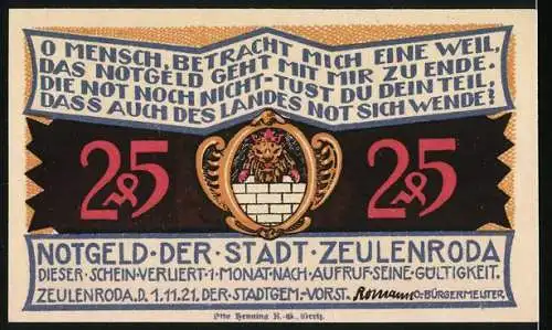 Notgeld Zeulenroda, 1921, 25 Pf, Viadukt und Wappenillustration