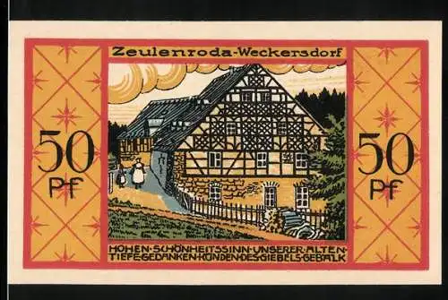 Notgeld Zeulenroda-Weckersdorf, 1921, 50 Pf, Fachwerkhaus und Wappen, Text über Gültigkeit und Notzeiten