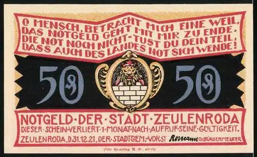 Notgeld Zeulenroda-Weckersdorf, 1921, 50 Pf, Fachwerkhaus und Wappen, Text über Gültigkeit und Notzeiten