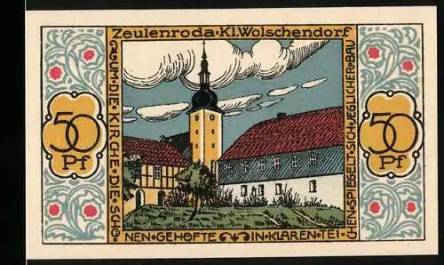 Notgeld Zeulenroda 1921, 50 Pf, Kirche und Wappen mit Löwe