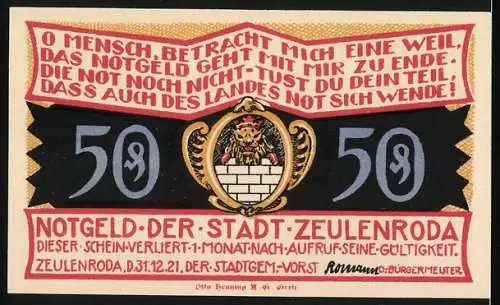 Notgeld Zeulenroda 1921, 50 Pf, Kirche und Wappen mit Löwe