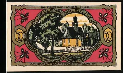 Notgeld Zeulenroda 1921, 50 Pf, Kirche und Notgedicht, Stadtwappen und Gültigkeitsvermerk