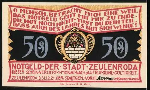 Notgeld Zeulenroda 1921, 50 Pf, Kirche und Notgedicht, Stadtwappen und Gültigkeitsvermerk