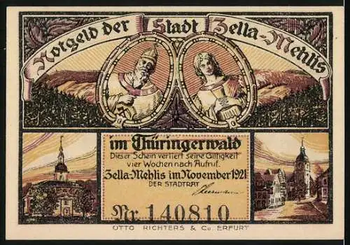 Notgeld Zella-Mehlis, 1921, 50 Pfennig, Liebespaar unter Baum, Stadtansichten und Portraits