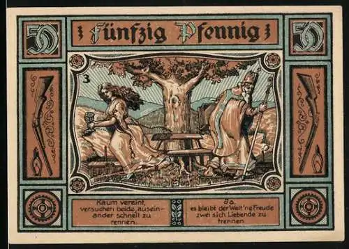 Notgeld Zella-Mehlis, 1921, 50 Pfennig, Zwei Liebende und Stadtansicht im Thüringerwald