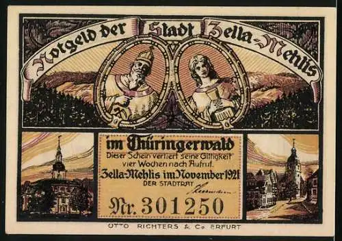 Notgeld Zella-Mehlis, 1921, 50 Pfennig, Zwei Liebende und Stadtansicht im Thüringerwald