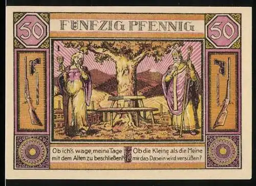 Notgeld Zella-Mehlis, 1921, 50 Pfennig, Zwei Figuren vor Baum, Stadtansicht und Thüringerwald