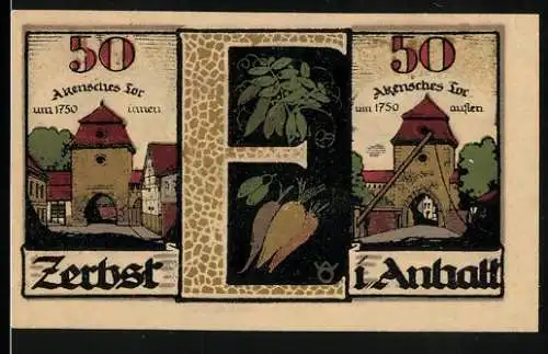 Notgeld Zerbst Anhalt, 1921, 50 Pfennig, Stadtansichten und Wappen mit historischen Figuren