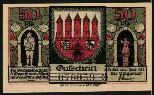 Notgeld Zerbst, 1921, 50 Pfennig, Stadtansicht und Zinnausschnitte