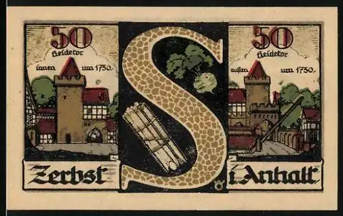 Notgeld Zerbst / Anhalt, 1921, 50 Pfennig, Vorderseite Stadttor und Buchstabe S, Rückseite Stadtsiegel und Figuren