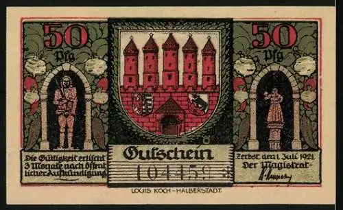 Notgeld Zerbst / Anhalt, 1921, 50 Pfennig, Vorderseite Stadttor und Buchstabe S, Rückseite Stadtsiegel und Figuren