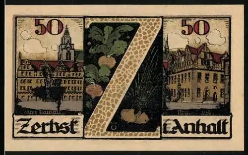 Notgeld Zerbst 1921, 50 Pfennig, Altes Rathaus und Stadtansichten