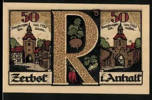 Notgeld Zerbst, 1921, 50 Pfennig, Stadttor und Wappen mit R, Gültigkeit 3 Monate, Magd und Ritter