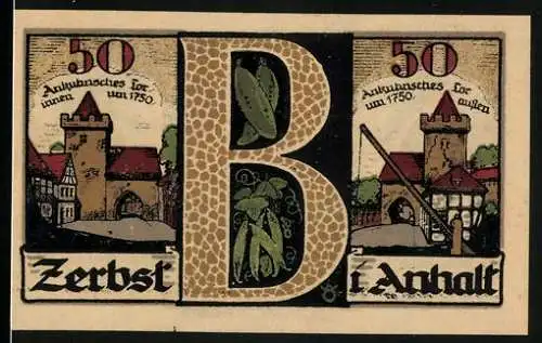 Notgeld Zerbst Anhalt, 1921, 50 Pf, Stadtansicht mit Toren und Wappen