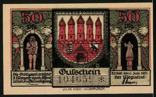 Notgeld Zerbst Anhalt, 1921, 50 Pf, Stadtansicht mit Toren und Wappen