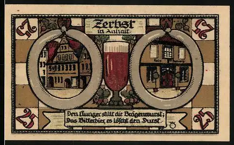 Notgeld Zerbst, 1921, 25 Pfennig, historische Gebäude und Bierglas, Stadtwappen und Figuren