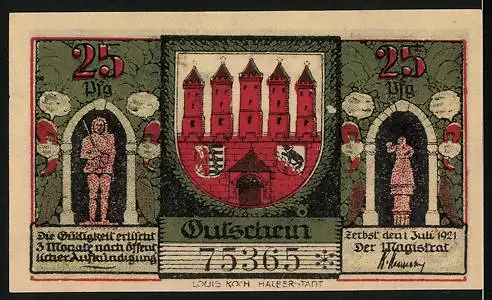 Notgeld Zerbst, 1921, 25 Pfennig, historische Gebäude und Bierglas, Stadtwappen und Figuren