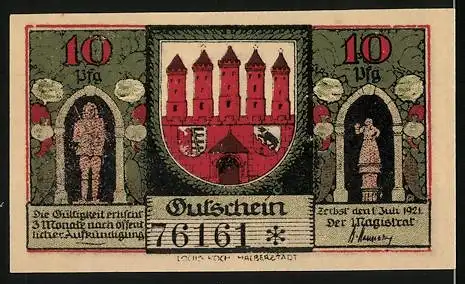 Notgeld Zerbst in Anhalt, 1921, 10 Pfennig, Abbildung eines Museums und Stadtwappens mit Figuren