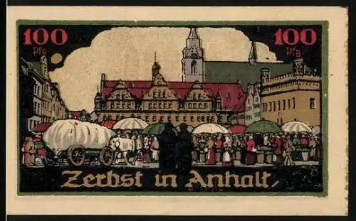 Notgeld Zerbst in Anhalt, 1921, 100 Pfennig, Marktszene und Stadtwappen mit Figuren