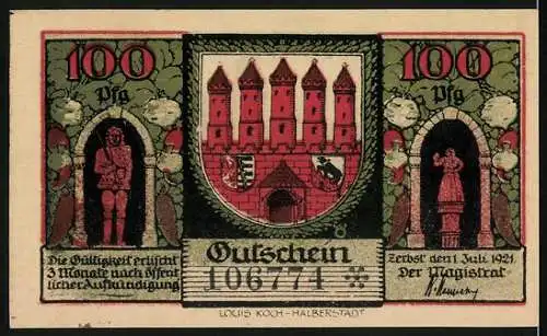 Notgeld Zerbst in Anhalt, 1921, 100 Pfennig, Marktszene und Stadtwappen mit Figuren