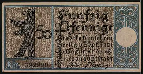 Notgeld Neukölln, 1920, 50 Pfennig, Dorf Rixdorf Abbildung und Berliner Bär