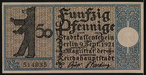 Notgeld Berlin-Tempelhof 1921, 50 Pfennig, Stadtwappen mit Bär und ländliche Szene mit Gasthof