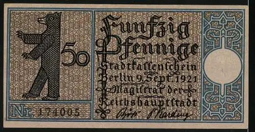 Notgeld Berlin-Steglitz, 1921, 50 Pfennig, frühere Kirche von Steglitz aus dem 13. Jahrhundert und Berliner Bär