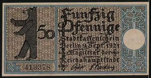 Notgeld Zehlendorf 1921, 50 Pfennig, Kirche und Dahlem aus dem 14. Jahrhundert, Bär und Schrift